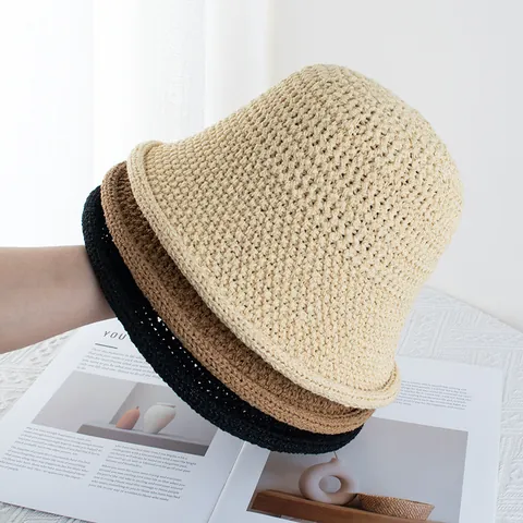 Cappello a Secchiello in Maglia Traforata Traspirante da Donna Moda Bordo Arrotolato Protezione Solare Calotta Rotonda Casual
