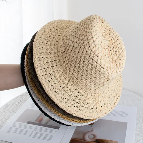 Women Summer Straw Hat Breathable Hollow Crochet Panama Hat Sun Protection Foldable Beach Bucket Hat Travel Shading Sunhat