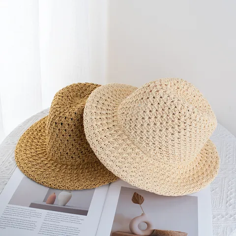 Women Summer Straw Hat Breathable Hollow Crochet Panama Hat Sun Protection Foldable Beach Bucket Hat Travel Shading Sunhat