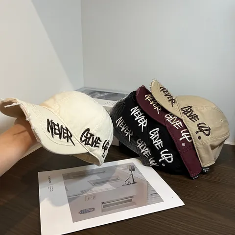 Gorra de Béisbol de Algodón Lavado Efecto Desgastado Vintage Bordado de Letras Never Give Up Sombrero de Sol Casual para Mujer Hombre