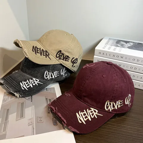 Gorra de Béisbol de Algodón Lavado Efecto Desgastado Vintage Bordado de Letras Never Give Up Sombrero de Sol Casual para Mujer Hombre