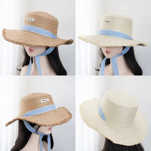 Chapeau de Soleil Élégant en Paille de Papier pour Femme Grand Bord Avec Ruban Vichy Nœud Vacances Plage Été