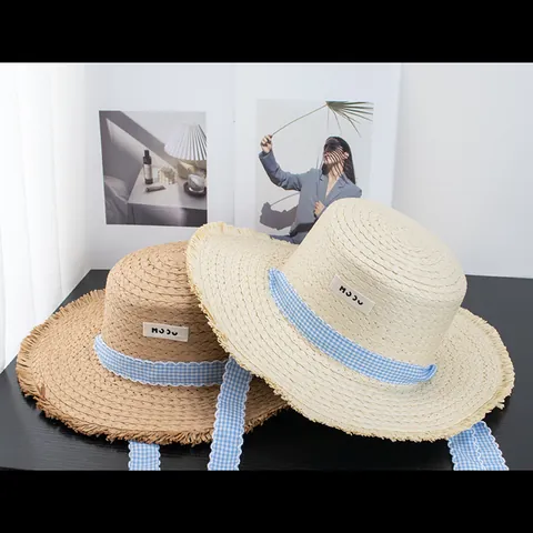 Chapeau de Soleil Élégant en Paille de Papier pour Femme Grand Bord Avec Ruban Vichy Nœud Vacances Plage Été