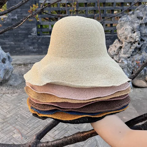 Handmade Crochet Wide Brim Straw Hat Foldable Round Top Paper Sun Hat For Women Summer Beach Travel Bucket Cap