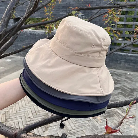 Women Wide Brim Bucket Hat UV Protection Breathable Nylon Sun Hat With Adjustable Windproof Rope Outdoor Summer Travel Cap