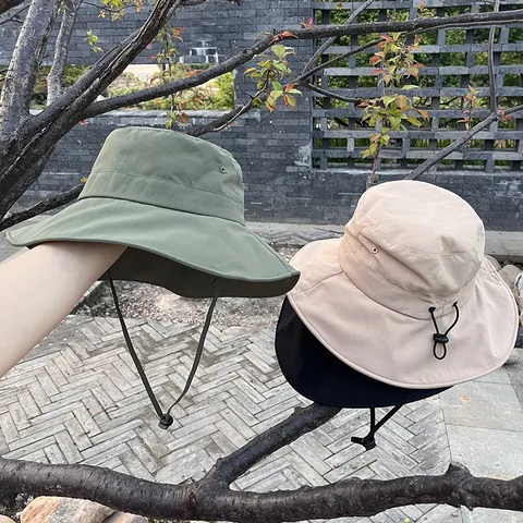 Women Wide Brim Bucket Hat UV Protection Breathable Nylon Sun Hat With Adjustable Windproof Rope Outdoor Summer Travel Cap
