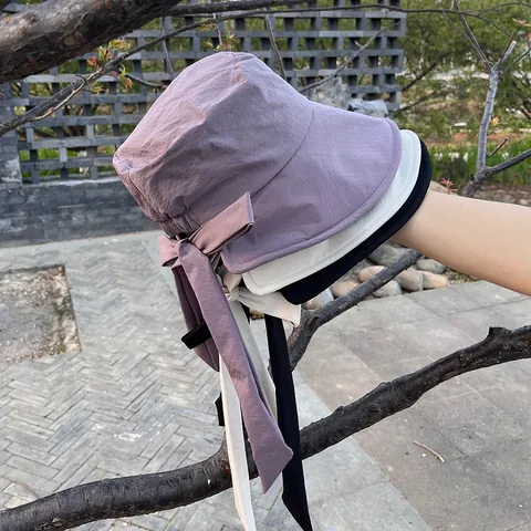 Women Wide Brim Sunscreen Bucket Hat With Long Bow Tie Ribbon Streamers Lightweight Foldable Sun Hat For Summer Beach Outdoor Fashion Polyester