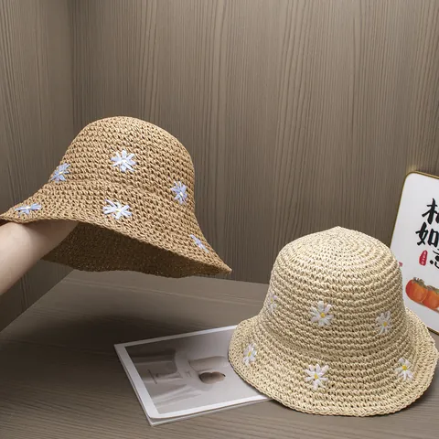 Women Daisy Embroidery Paper Straw Bucket Hat Summer Beach Sun Protection Wide Brim Vacation Breathable Handmade Weaving Hat