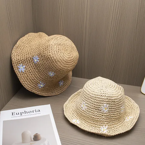 Women Daisy Embroidery Paper Straw Bucket Hat Summer Beach Sun Protection Wide Brim Vacation Breathable Handmade Weaving Hat