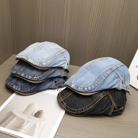 Women Vintage Washed Denim Newsboy Cap Contrast Stitching Flat Top Adjustable Forward Hat Casual Streetwear Sun Protection Beret
