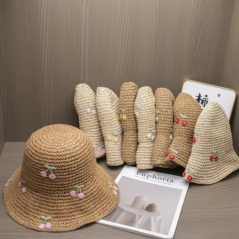 Women Crochet Paper Straw Bucket Hat Cherry Embroidery Summer Sun Hat Beach Vacation Foldable Breathable Fisherman Hat