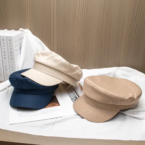 Vintage Baumwolle Leinen Schirmmütze Für Damen Einfarbig Flaches Top Militärhut Verstellbare Baker Boy Mütze Mode Malermütze
