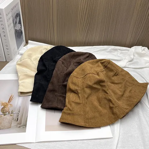 Sombrero de Pescador de Pana Plisado para Mujer Vintage Color Sólido Cálido Invierno Otoño Ala Corta Ajustable