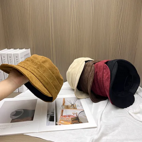 Women Vintage Suede Flat Top Military Hat Warm Autumn Winter Pleated Newsboy Cap Adjustable Solid Color Retro Sailor Cap