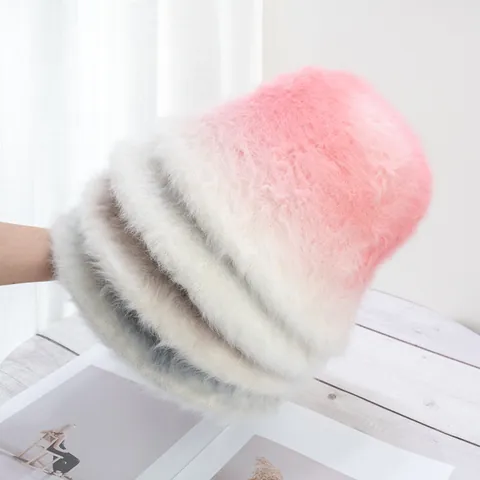 Women Gradient Color Plush Bucket Hat Warm Rabbit Fur Blend Winter Fisherman Hat Soft Faux Fur Basin Hat Adjustable