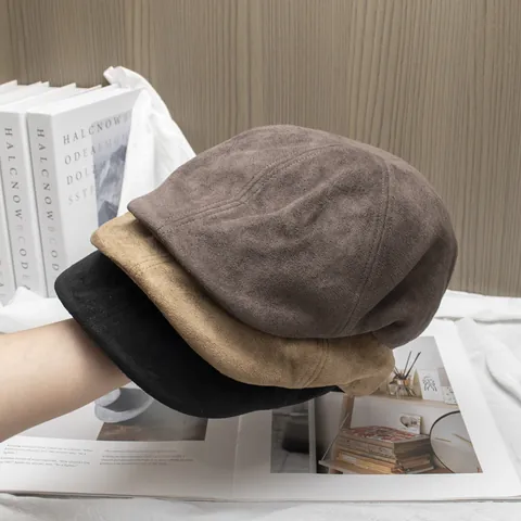 Vintage Suede Newsboy Cap For Women Autumn Winter Solid Color Adjustable Forward Hat Retro Painter Cap Warm Casual Headwear
