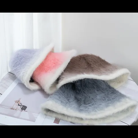 Women Gradient Color Plush Bucket Hat Warm Rabbit Fur Blend Winter Fisherman Hat Soft Faux Fur Basin Hat Adjustable