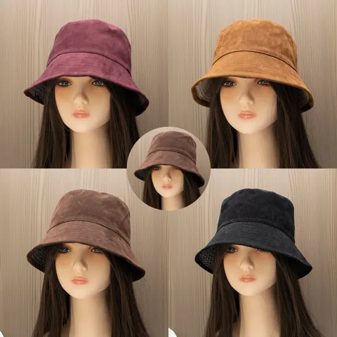 Women's Retro Suede Reversible Bucket Hat Checkered Lining Winter Warm Windproof Foldable Fashion Fisherman Hat