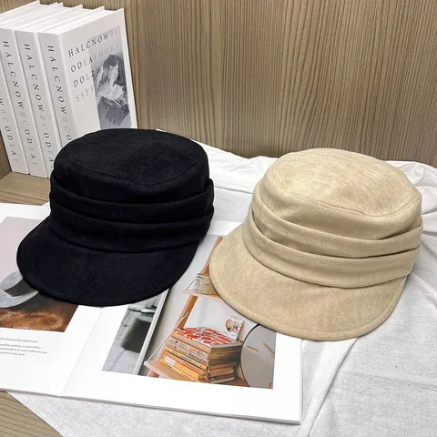 Women Vintage Suede Flat Top Military Hat Warm Autumn Winter Pleated Newsboy Cap Adjustable Solid Color Retro Sailor Cap