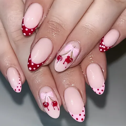 Unghie Finte a Mandorla Francese Con Disegni Ciliegia Fiocco Pois Rosa Rosso Artificiali Unghie per Donna