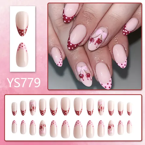 Unghie Finte a Mandorla Francese Con Disegni Ciliegia Fiocco Pois Rosa Rosso Artificiali Unghie per Donna