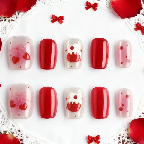 Sweet Red Heart Bow Press On Nails Cat Eye Glitter Pink Gradient Cherry Pattern False Nails Rhinestone Decorative Nails