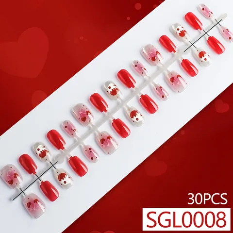 Sweet Red Heart Bow Press On Nails Cat Eye Glitter Pink Gradient Cherry Pattern False Nails Rhinestone Decorative Nails