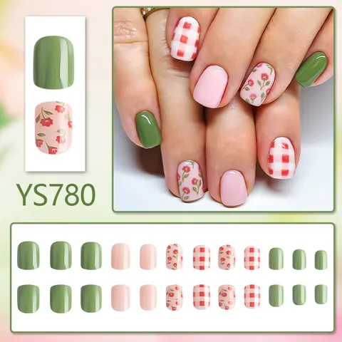 Short Square Press On Nails Floral Plaid Design Pink Green Sweet Artificial Fingernails For Women Daily Manicure Nail Art