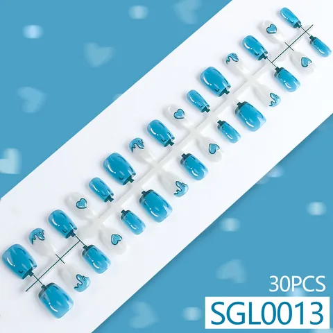 Blue Cat Eye Press On Nails With Heart Pattern Glossy Short Square False Nails For Women Manicure Nail Art Decoration