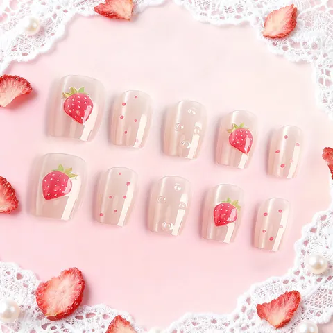 30 Piezas Uñas Postizas a Presión Fresa Rosa Con Gotas de Agua 3D Cortas Brillantes para Mujer Manicura Diaria