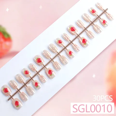 30 Piezas Uñas Postizas a Presión Fresa Rosa Con Gotas de Agua 3D Cortas Brillantes para Mujer Manicura Diaria