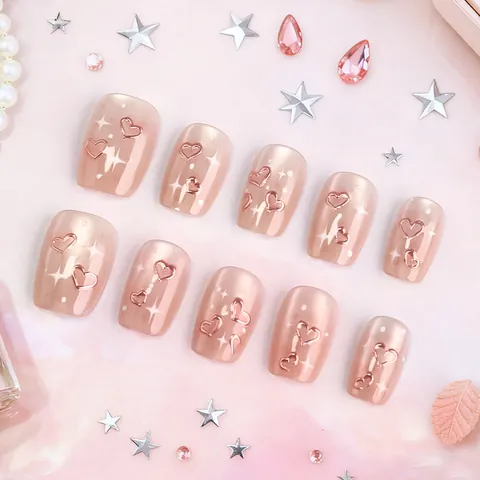 Unghie Finte Da Premere Rosa Dolci Forma A Trapezio Corta Motivo 3D Cuore Stella Metallico Occhio Di Gatto Lucido Donna Decorazione