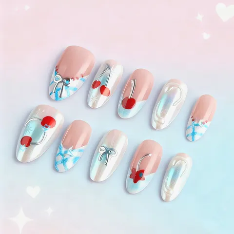 3D Cherry Almond Press On Nails With Silver Bow Sweet Gradient Embossed Fake Nails For Women Daily Party Nail Art Decoration