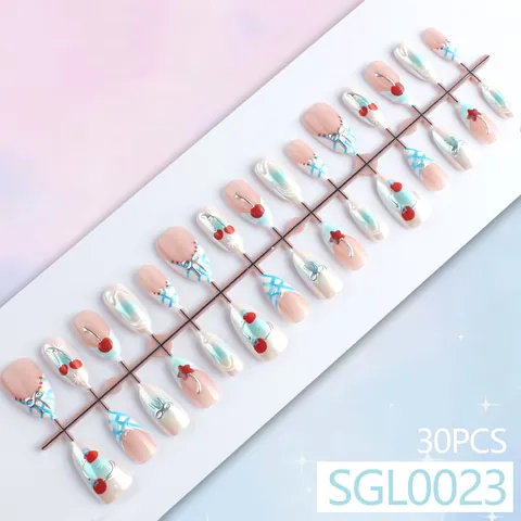 3D Cherry Almond Press On Nails With Silver Bow Sweet Gradient Embossed Fake Nails For Women Daily Party Nail Art Decoration