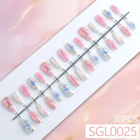 Unghie Finte da Incollare a Forma di Mandorla Aurora Occhio di Gatto Dolce Rilievo Floreale Rosa Blu Lussuose Unghie Dipinte a Mano