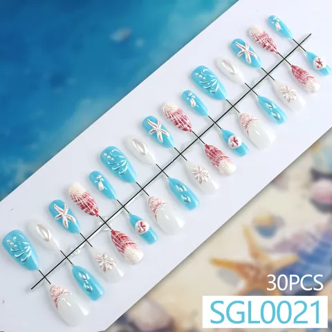 Ocean Theme Almond Press On Nails 3D Sea Star Shell Pearl Design Sky Blue White Marble Summer Beach DIY Manicure Kit