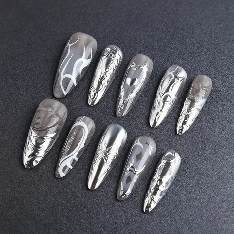 Y2K Cat Eye Press On Nails Metallic Heart Butterfly Tribal Flame Chrome Silver Grey Gothic Long Almond Fake Nails For Women