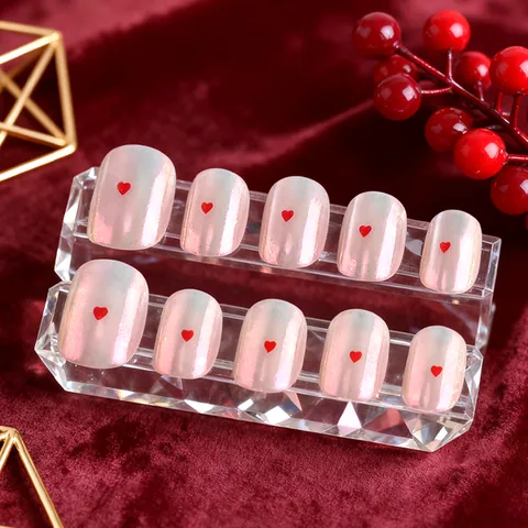 Unghie Finte a Pressione Aurora Perla Artificialte Rosa Bianco Corte Tonde Con Motivo a Cuore Rosso Dolce Manicure per Donna Ragazza