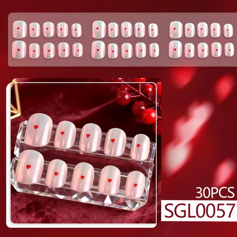 Unghie Finte a Pressione Aurora Perla Artificialte Rosa Bianco Corte Tonde Con Motivo a Cuore Rosso Dolce Manicure per Donna Ragazza
