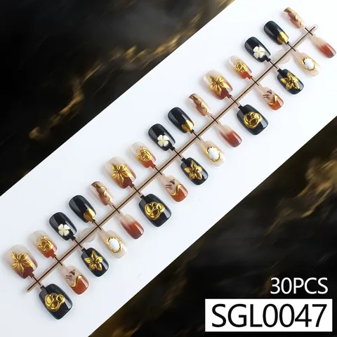 Retro Gold Relief Blumen Nagelsticks Luxus Schwarz Bernstein Verlauf Katzenauge Kurz Viereckig Falsche Nägel Für Damen