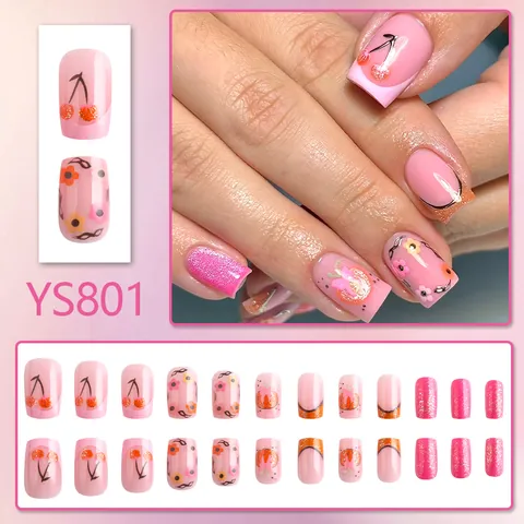 French Style Pink Press On Nails Flower Cherry Glitter Square Fake Nails With Adhesive Glue For Women Nail Art Decoration