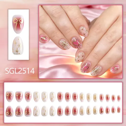 Sweet Pink Gradient Press On Nails Gold Embossed Heart Bow Star Short Oval Fake Nails For Women Manicure Decoration