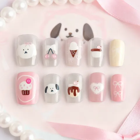 Short Square Cat Eye Press On Nails Cartoon Dog Bowknot Sweet Style Pink Grey Artificial Nails For Women Decorative Manicure