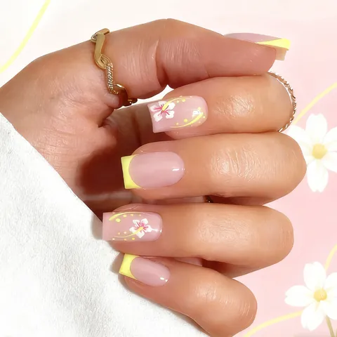 Unghie Finte Corte Francesi Giallo Lucido Design Floreale Unghie Artificiali Dolci per Donna Nail Art