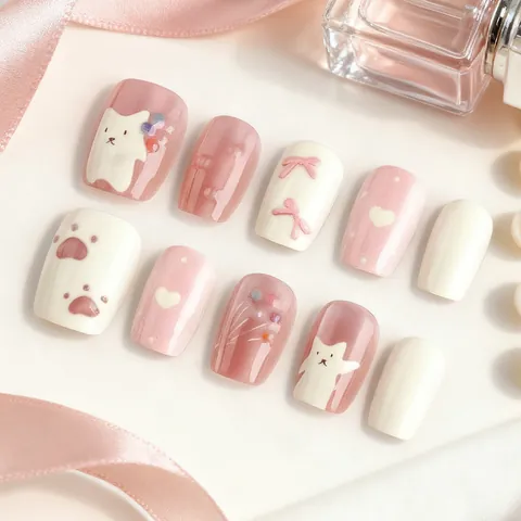 Orecchini Unghie Finte Press On Rosa Gatto Cartone Animato Con Fiocco 3D Cuore Blush Sfumato Corte Quadrate Rotonde Donna