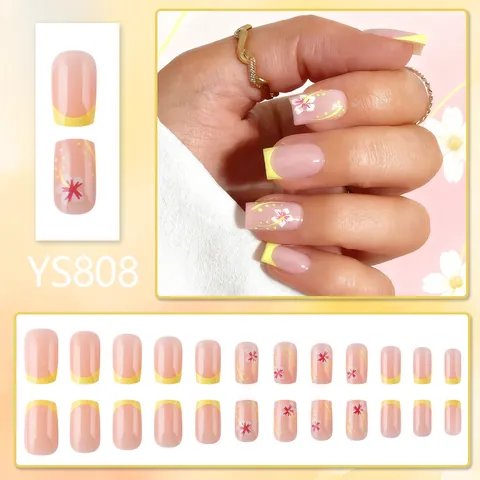 Unghie Finte Corte Francesi Giallo Lucido Design Floreale Unghie Artificiali Dolci per Donna Nail Art