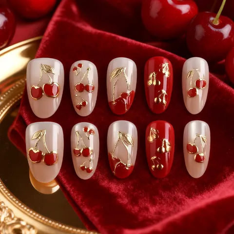 Luxe Kers 3D Reliëf Press On Nagels Kort Ovaal Rood Nude Gouden Rand Glanzende Kunstnagels Voor Vrouwen Nail Art Decoratie