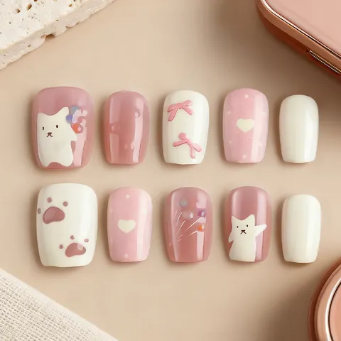 Orecchini Unghie Finte Press On Rosa Gatto Cartone Animato Con Fiocco 3D Cuore Blush Sfumato Corte Quadrate Rotonde Donna