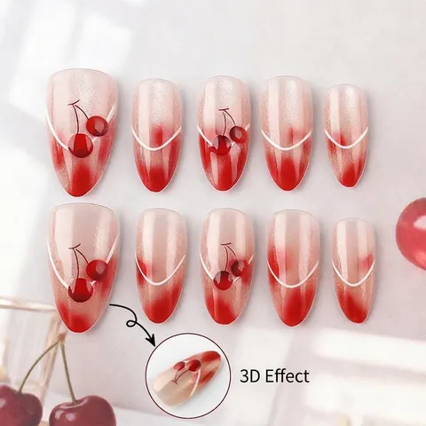 Unghie Finte in Rilievo 3D Ciliegia Occhio di Gatto Sfumatura Rossa Forma a Mandorla Stile Francese Unghie Rimovibili per Donna