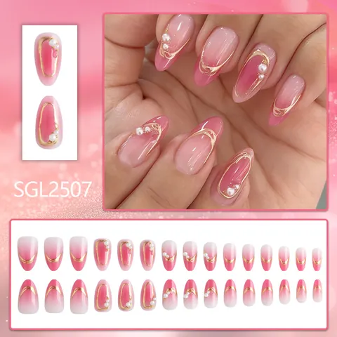Unghie Finte a Pressione Sfumate Rosa Blush Bordi Dorati Decorazioni con Künstliche Perle Forma a Mandorla per Donna Manicure Elegante